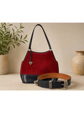Brighton Museum Collection Purse & Belt Bundle Red Haircalf Black Leather Should